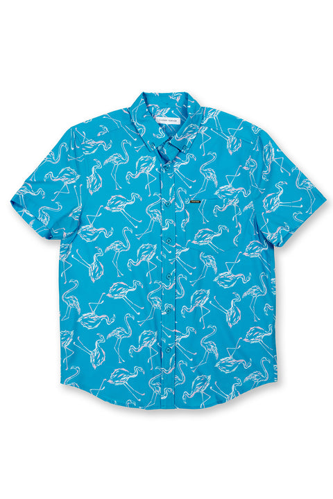 Boy's Short Sleeve 4-Way Stretch Button-Down Shirt with Fun Designs, Aqua, Flamingo Print