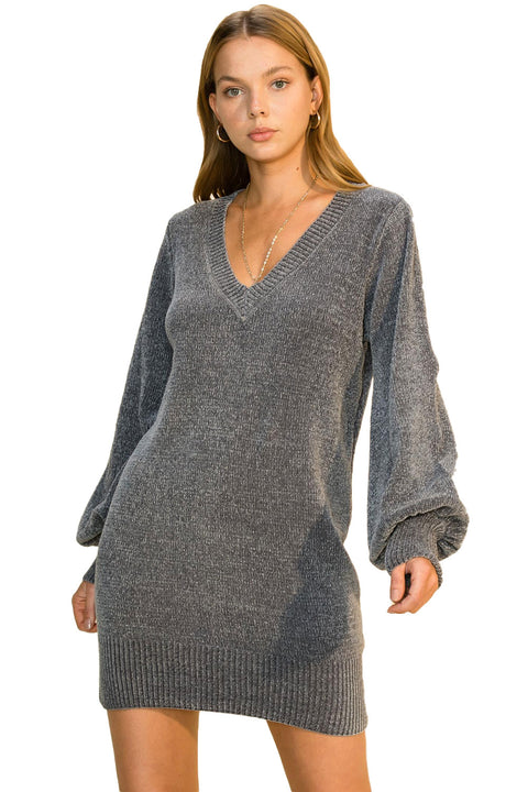 Women's V-Neck Lantern Sleeve Gray Sweater Dress