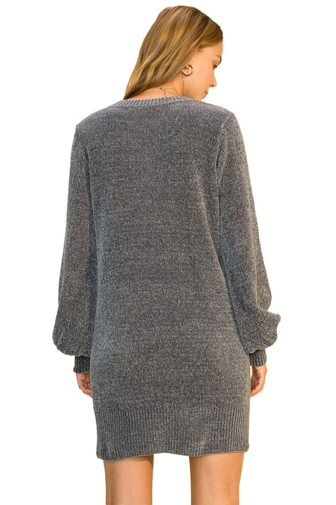 Women's V-Neck Lantern Sleeve Gray Sweater Dress