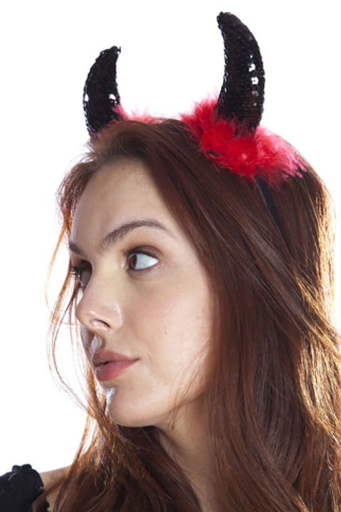 Adult Devil Black Horn Sequined and Feathery Party Headband