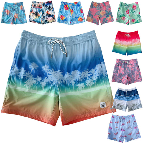 Men's Tropical Swim Trunks Above the Knee Beach Shorts Quick Dry with Pockets