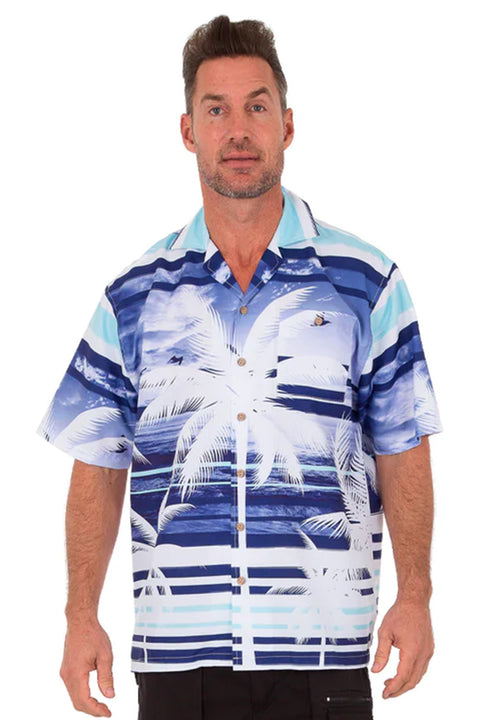 Men's Hawaiian Casual Button Down Short Sleeve BeachParty Shirt,  Palm Tree Print, Navy