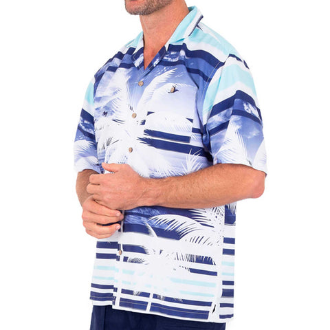 Men's Hawaiian Casual Button Down Short Sleeve BeachParty Shirt,  Palm Tree Print, Navy