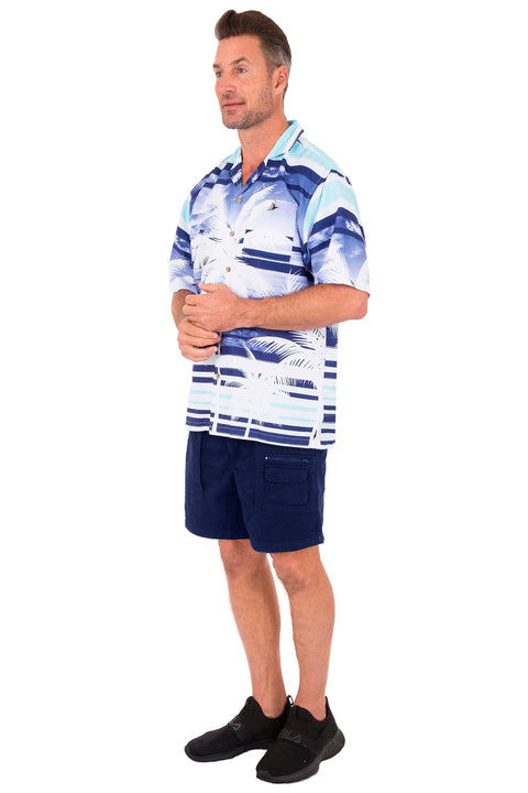 Men's Hawaiian Casual Button Down Short Sleeve BeachParty Shirt,  Palm Tree Print, Navy
