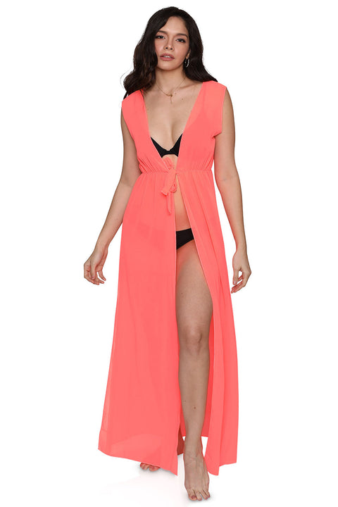 Women's Sleeveless Sheer Front Tie Neon Beach Swimsuit Cover Up Dress, Orange/Coral