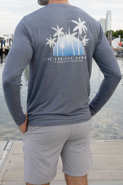 Men's UPF 50+ Navy Rashguard Swim Tee Long Sleeve Running Shirt Swimwear Swim Shirts with Palm Trees Design on the Back