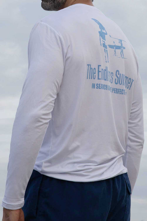 Men's UPF 30+ White Rashguard Swim Tee Long Sleeve Running Shirt Swimwear Swim Shirts with The Endless Summer Logo Design on the Back