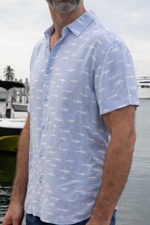 Men's Short Sleeve Button-Down With All Over Design Light Blue Rayon Shirt, White Fish Print