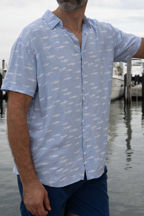 Men's Short Sleeve Button-Down With All Over Design Light Blue Rayon Shirt, White Fish Print