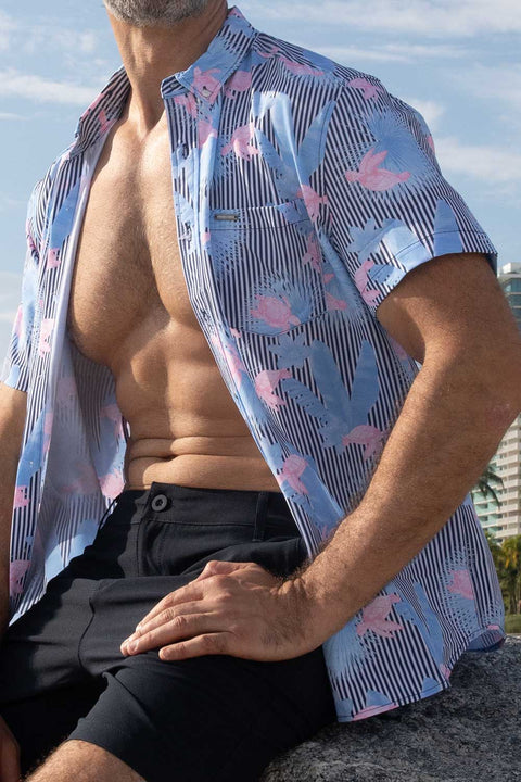 Men's Short Sleeve Casual Button-Down Shirt, Turtle Print, Black White Stripe