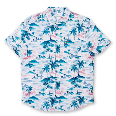 Men's Short Sleeve Casual Button-Down Shirt, Palm Trees Print, White