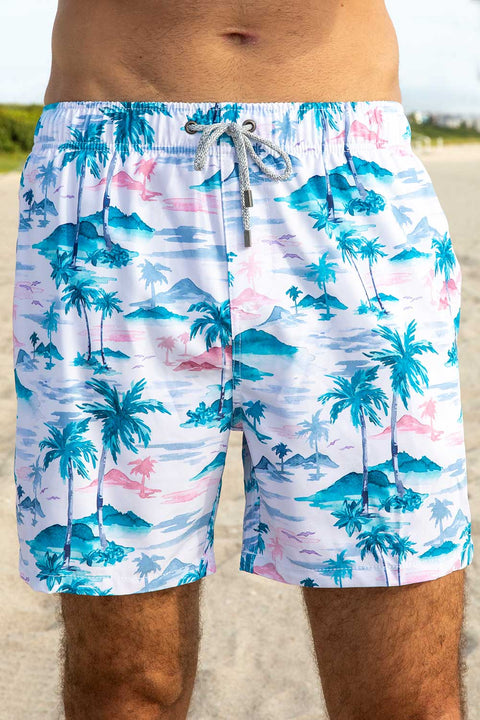 Men's Short Sleeve Casual Shirt and Dry Fast Swimming Trunks, Palm Trees Print