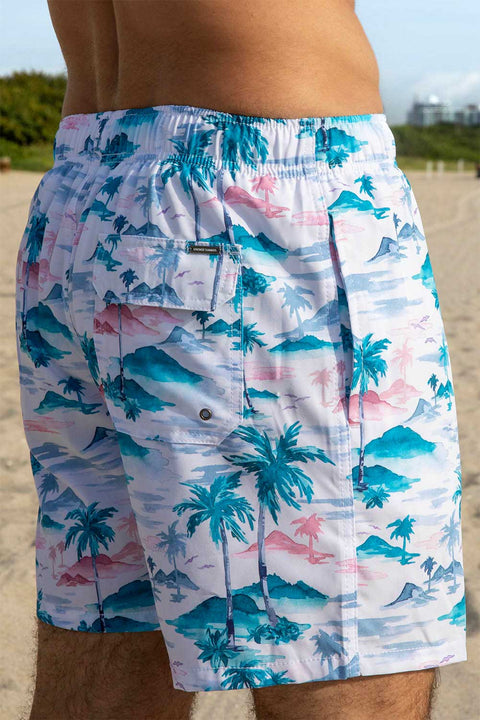 Men's Short Sleeve Casual Shirt and Dry Fast Swimming Trunks, Palm Trees Print