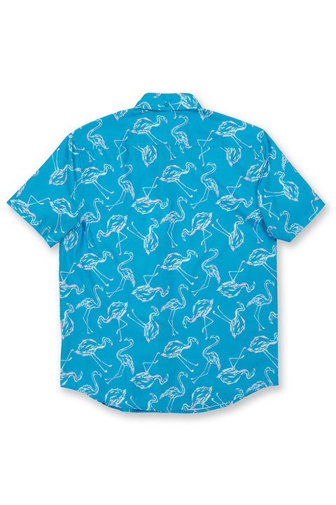 Boy's Short Sleeve 4-Way Stretch Button-Down Shirt with Fun Designs, Aqua, Flamingo Print