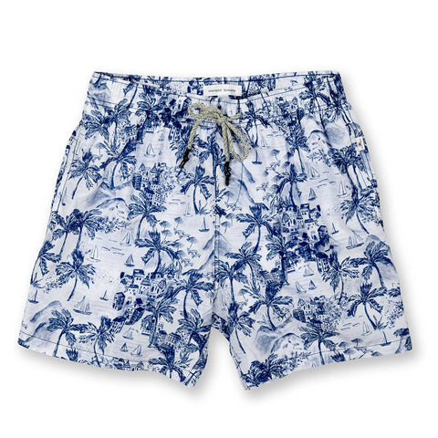 Men's Ponji  Blue Swimming Trunks Quick-Dry Elastic Swimwear Volley Shorts, Old City Print