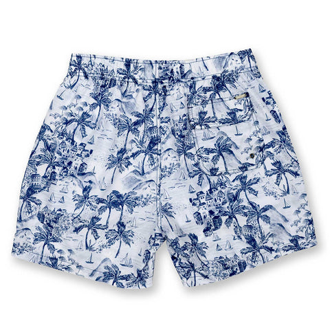 Men's Ponji  Blue Swimming Trunks Quick-Dry Elastic Swimwear Volley Shorts, Old City Print