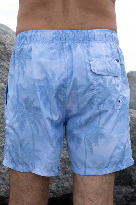 Men's Ponji Swimming Trunks Quick-Dry Elastic Swimwear Volley Shorts, Blue, Palm Trees Print