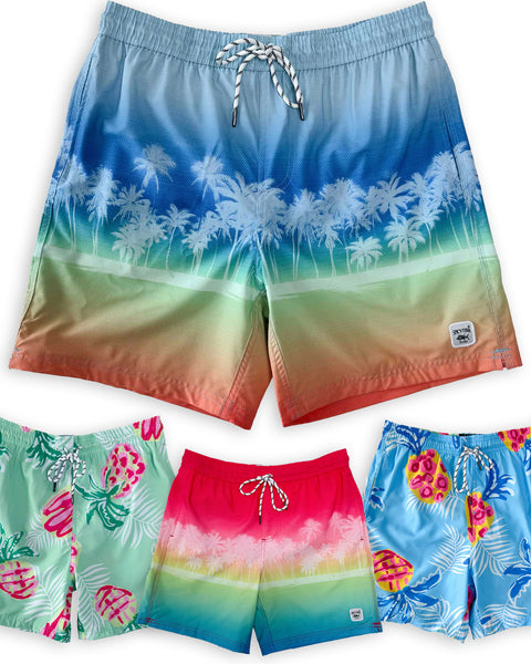 Men's Tropical Swim Trunks Above the Knee Beach Shorts Quick Dry with Pockets