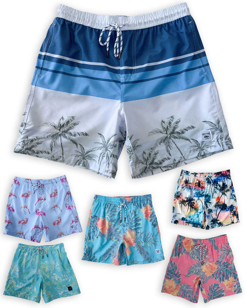 Men's Tropical Swim Trunks Above the Knee Beach Shorts Quick Dry with Pockets