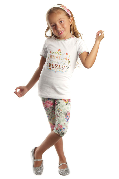 Girls White Tunic Top & Floral Leggings, "What a Wonderful World", 2 Piece Set