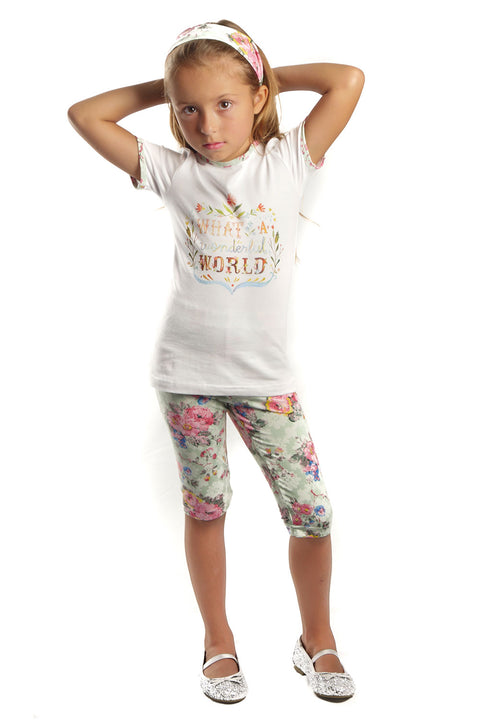 Girls White Tunic Top & Floral Leggings, "What a Wonderful World", 2 Piece Set