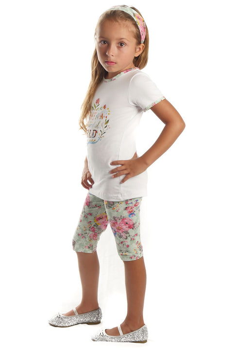 Girls White Tunic Top & Floral Leggings, "What a Wonderful World", 2 Piece Set