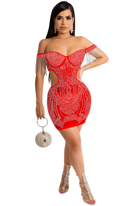 Off The Shoulder Diamonds See Through Hollow Out Bodycon Mini Dress
