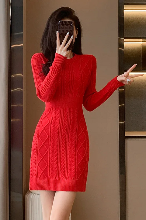 Round Neck Long Sleeve Knitted Sweater Pencil Dress