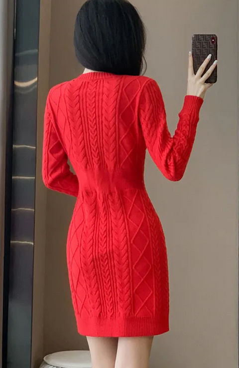 Round Neck Long Sleeve Knitted Sweater Pencil Dress