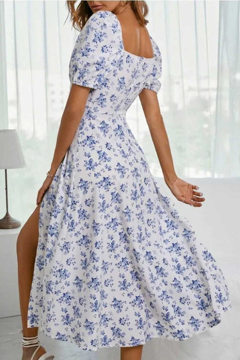 Puff Sleeve Midi Dress Floral Print High Split