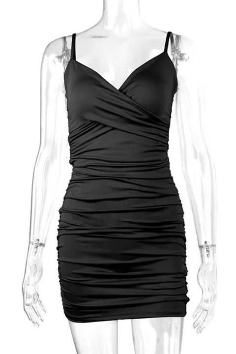 Twist Front Ruched Sleeveless V-Neck Bodycon Mini Dress