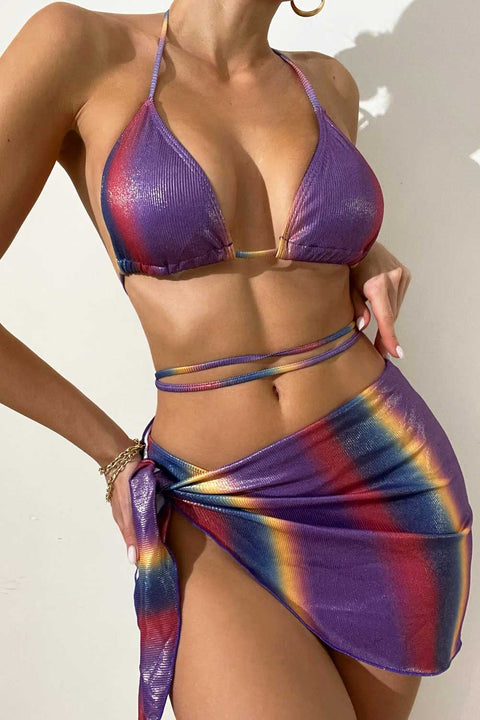 3 Piece Bikini Set Gradient Tie Dye with Sarong