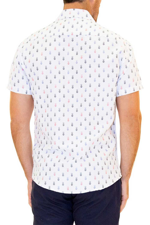 Men's White Button Up Short Sleeve Dress Shirt, Pineapple Print