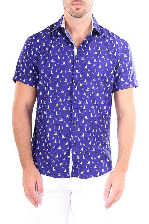 Men’s Button Up Short Sleeve Dress Shirt, Nautical Print