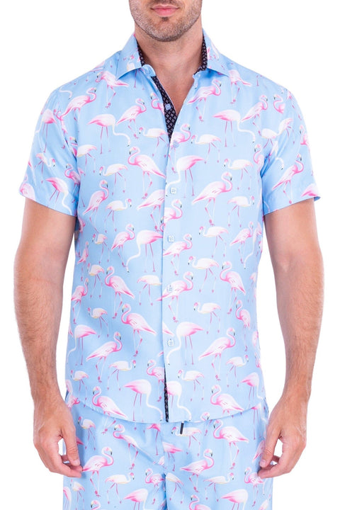 Blue with Pink Flamingos Button Up Short Sleeve Dress Shirt