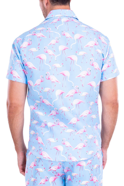 Blue with Pink Flamingos Button Up Short Sleeve Dress Shirt