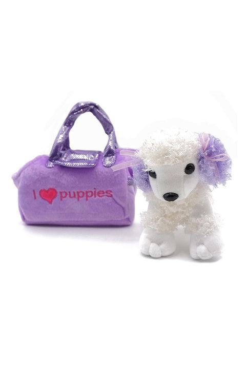 Kids Puppy and Purse Carrier, Purple Plush Bag, and White Poodle Toy Dog