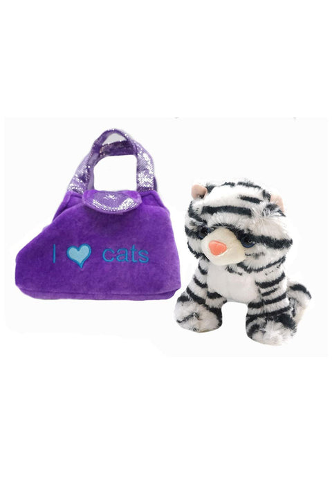 Kids Cat and Purse Carrier, Purple Plush Bag, and Tabby Black/White Toy Kitten