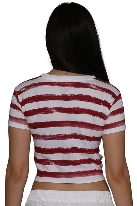 Women's Knot Front Stars and Stripes Crop Top Tee, USA Patriotic White T-Shirt