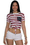 Women's Knot Front Stars and Stripes Crop Top Tee, USA Patriotic White T-Shirt