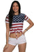 Knot Front Stars and Stripes Crop Top Tee, USA Patriotic Blue T-Shirt