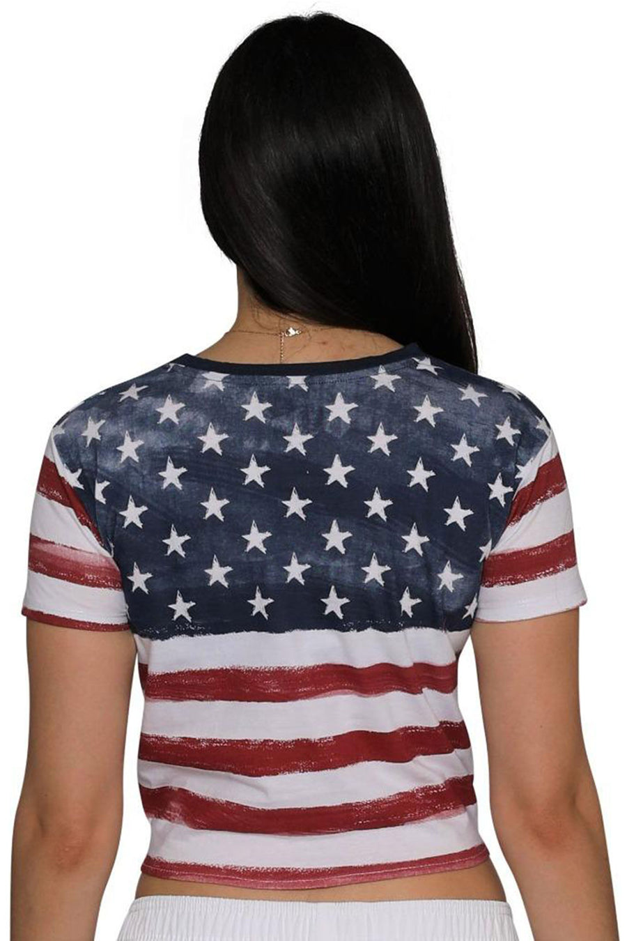Knot Front Stars and Stripes Crop Top Tee, USA Patriotic Blue T-Shirt