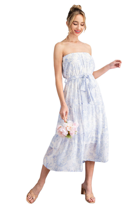 Women's Light Blue Sleeveless Flower Print Midi Dress