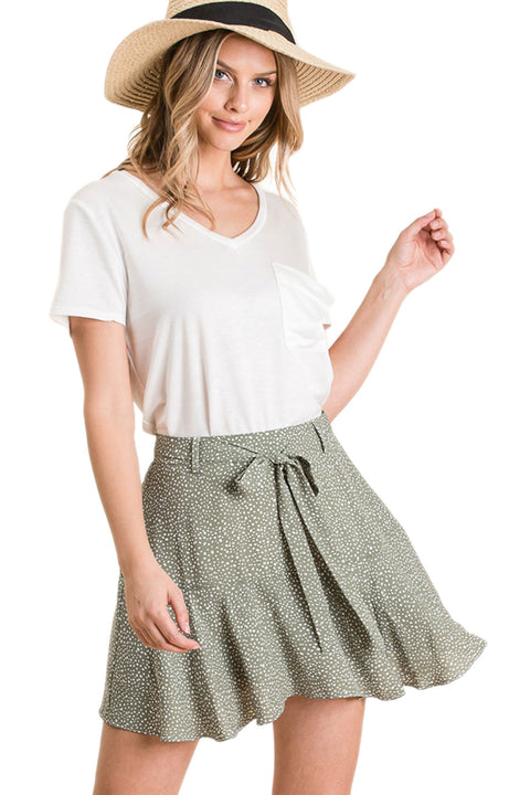 Women's Skirt With Small Dots Print And Waist Tie Belts