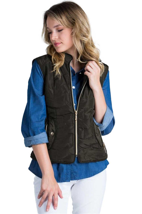 Women's Quilted Detachable Hooded Zip Up Black Vest with Knit Side Panels