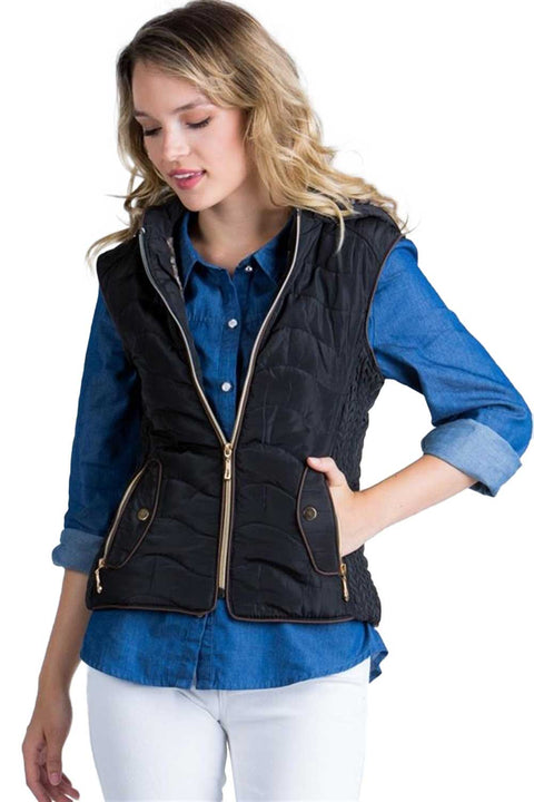 Women's Quilted Detachable Hooded Zip Up Black Vest with Knit Side Panels