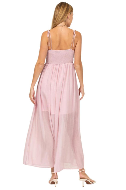 Women's Bow Straps, Pleated Bust and Front Cutout Maxi Dress