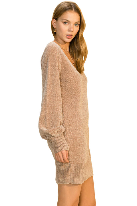 Women's V-Neck Lantern Sleeve Brown Sweater Dress