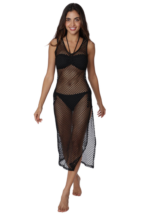 Women's Black Swimsuit Cover Up Fishnet Mesh Dress with Hi-Slits