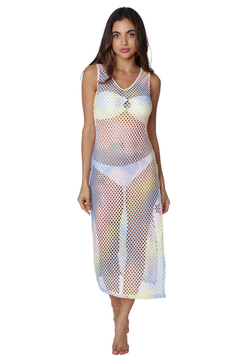 Women's Tie Dye Swimsuit Cover Up Fishnet Mesh Dress with Hi-Slits